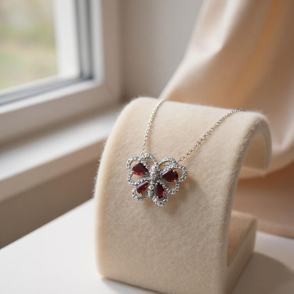 Elegant Genuine Garnet & Topaz Butterfly Pendant Necklace Sterling Silver